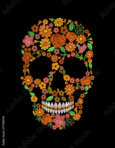 Embroidery skull face orange flower texture mexican patch. Textile print embroidered stitch. Dia de los Muertos Day of the Dead or Halloween card vector illustration background.