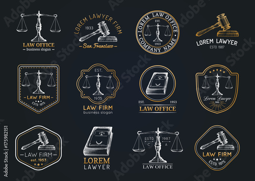 Law office icons set with scales of justice, gavel etc illustrations. Vector vintage attorney, advocate labels.