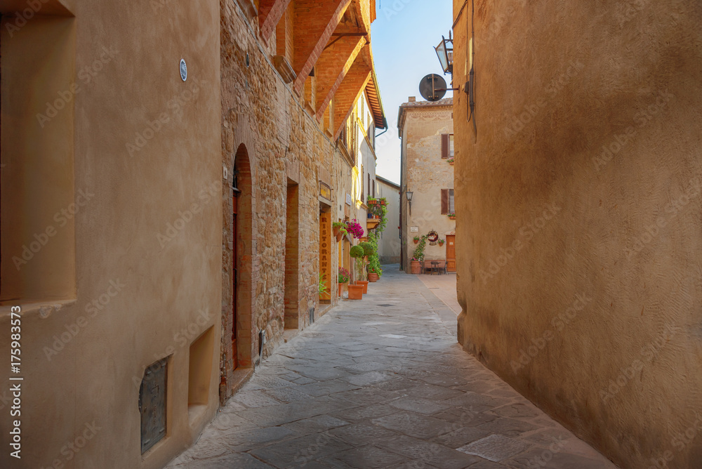 Beautiful narrow street with sunlight and flowers in the small magical and old village of Pienza, Val D'Orcia Tuscany, Italy. Beautiful narrow street with sunlight and flowers in the small magical and old village of Pienza, Val D'Orcia Tuscany, Italy.