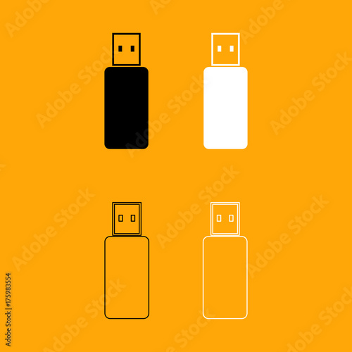 Flash drive set black and white icon .