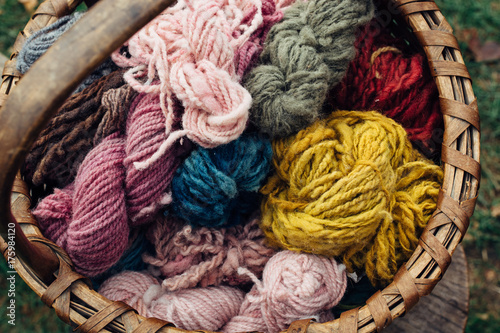 Various color wool yarn in a basket photo