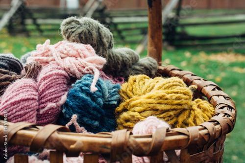 Colorful yarns of naturally dyed wool in a basket photo