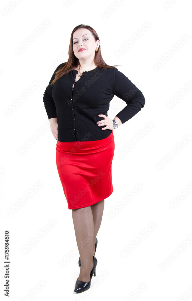 elegant chubby girl in office style stands in full growth isolated on white background elegant chubby girl in office style stands in full growth isolated on white background