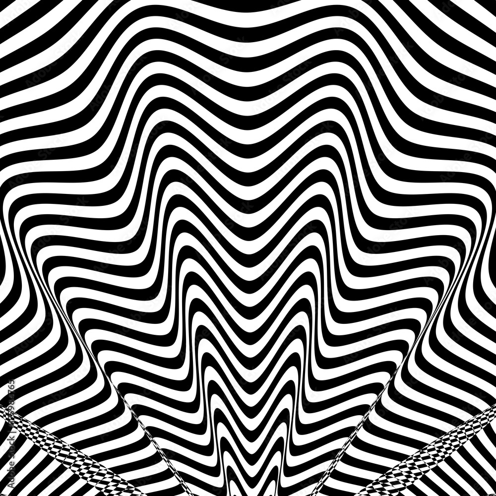 Abstract twisted black and white background. Optical illusion of distorted surface. Twisted stripes. Stylized 3d tunnel.