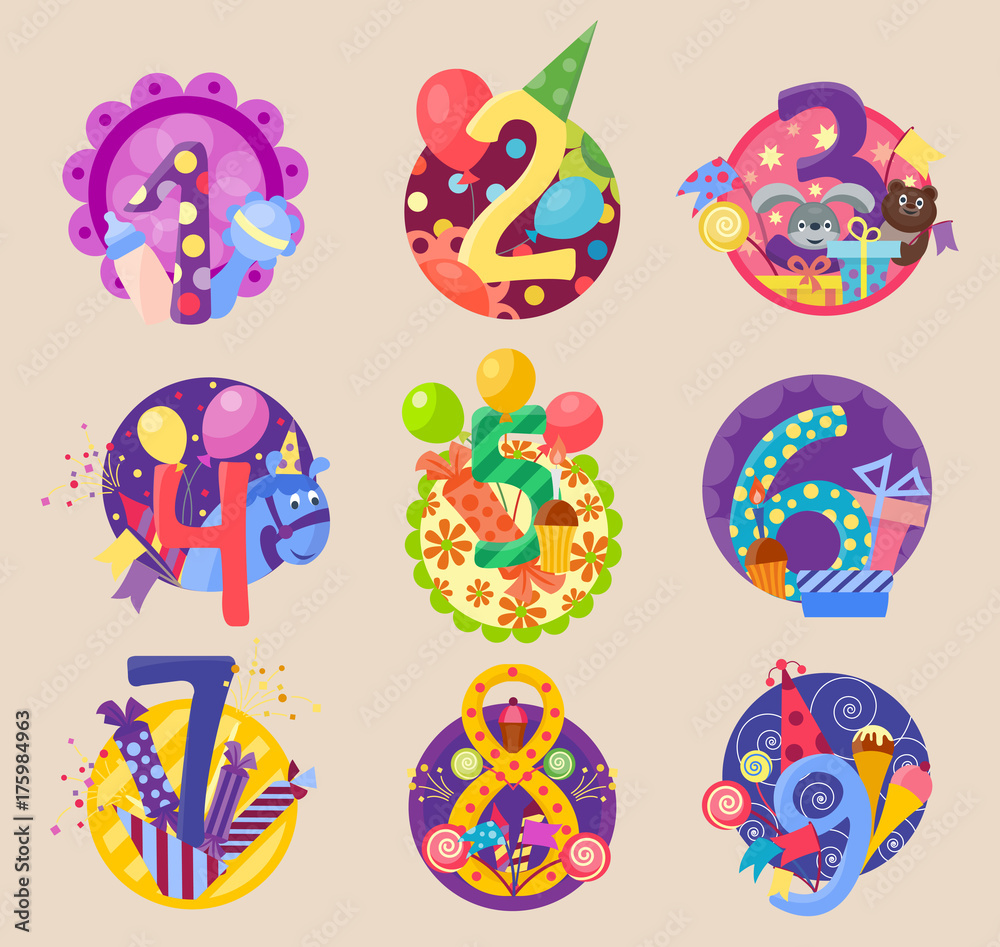 Happy birthday celebration 1-10 age number letters text characters badges vector icons.
