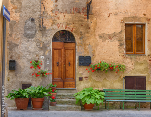 Traditional façade of Italian house in the small magical and old village of Pienza, Val D'Orcia Tuscany – Italy