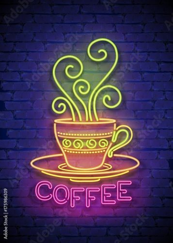 Coffee House Singboard Template with Cup, Swirl Hot Steam, and Inscription. Cafe Label, Eatery, Restaurant. Shiny Neon Light Style. Advertisement Flyer. Vector 3d Illustration. Abstract Decorative Art