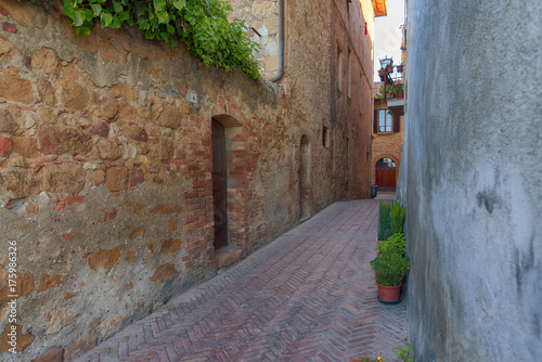 Fototapeta Naklejka Na Ścianę i Meble -  Beautiful narrow street with sunlight and flowers in the small magical and old village of Pienza, Val D'Orcia Tuscany, Italy.