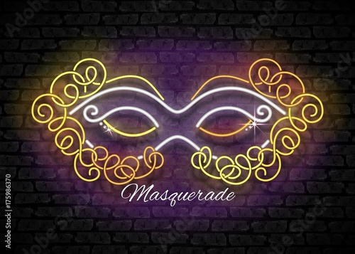 Mardi Gras Masquerade Mask. Shiny Neon Lamps Glow Stylization on Black Brick Wall. Venetian Carnival, Playbill, Night Club Invitation. Beautiful Holiday Flyer. Vector 3d Illustration. Abstract Art