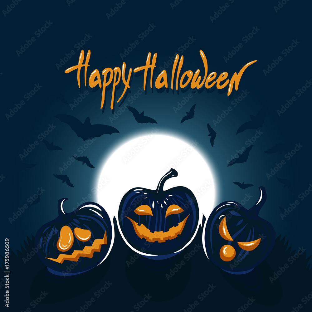 Poster for Halloween. Background with the moon in the night sky, bats, pumpkins, letting with a congratulation of 