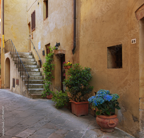 Traditional façade of Italian house in the small magical and old village of Pienza, Val D'Orcia Tuscany – Italy