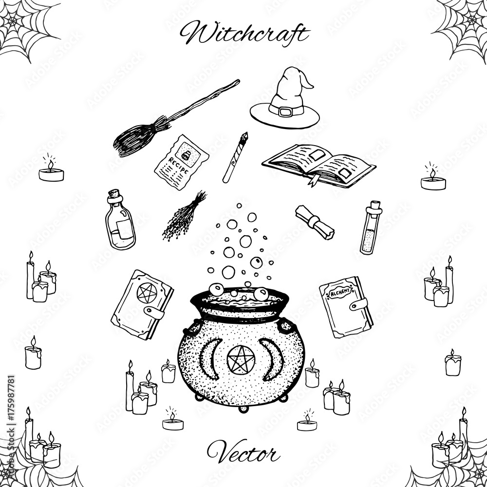 Witchcraft collection. Dried herbs, crystals, magic book. Watercolor  illustration on white isolated background Stock Illustration