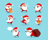Collection of Christmas Santa Claus. Set of funny cartoon characters with different emotions. Vector illustration isolated on light blue