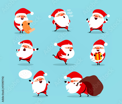 Collection of Christmas Santa Claus. Set of funny cartoon characters with different emotions. Vector illustration isolated on light blue photo