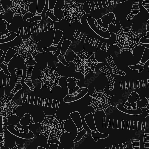 Colorful hand drawn vector halloween seamless pattern on the black background
