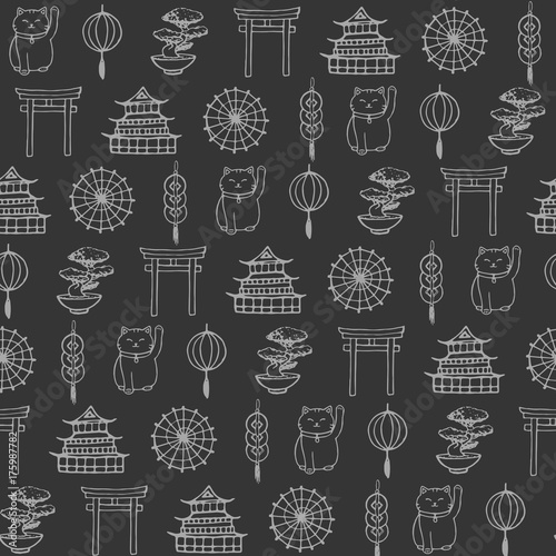 Hand drawn vector asian seamless pattern containing oriental elements gray contours: umbrellas, japanese lucky cats, coins, lanterns, bonsai and torii gates. Ornament on the dark background.
