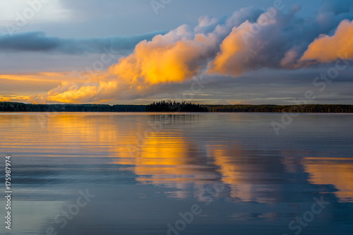 Sunset and cloud reflections, Waskesiu Lake photo