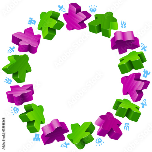 Circle frame of meeples for board games. Green and purple game pieces, and resources counter icons isolated on white background. Vector border for design boardgames advertisement