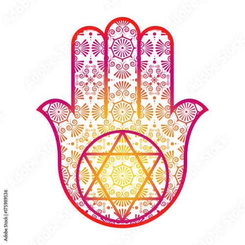 Ornate  Hamsa with the seal of Solomon. Arabic and Jewish amulet. Vector illustration.