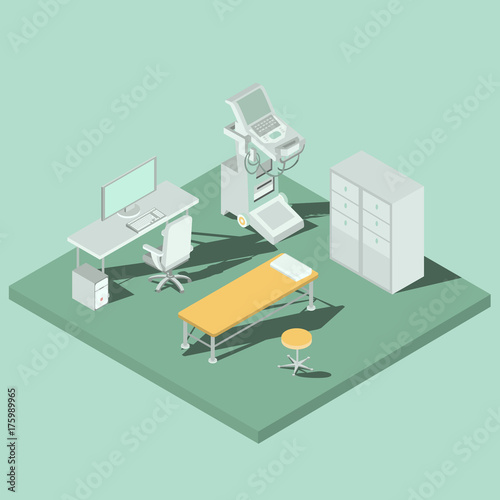 Medical cabinet with sonography equipment for ultrasound research, doctor work desk with computer and couch for patient isometric projection vector illustration. Technologies for diseases diagnosis