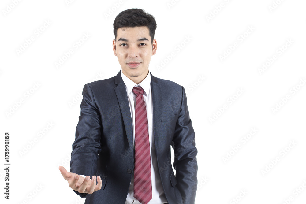 Asian Businessman Point to present for Business Plan, Man stand and smile, isolated on white background, Business vision concept. Asian Businessman Point to present for Business Plan, Man stand and smile, isolated on white background, Business vision concept.