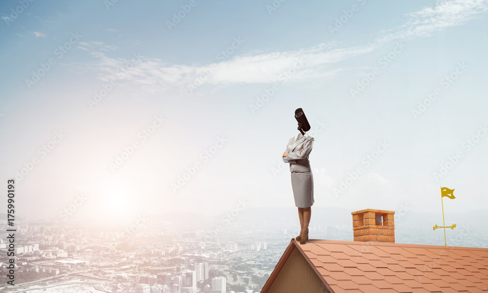 Concept of home security and privacy protection with camera headed woman Concept of home security and privacy protection with camera headed woman