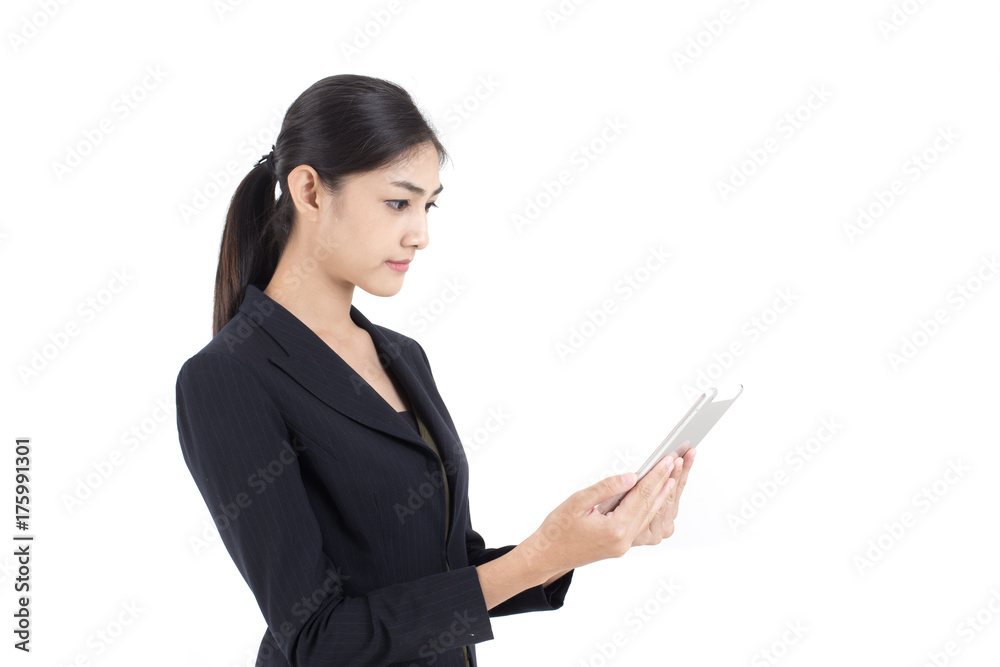 Asian Business Woman using Tablet with attractive smiling isolated on white background, Woman working concept. Asian Business Woman using Tablet with attractive smiling isolated on white background, Woman working concept.