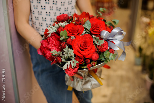 Elegant and stylish red bouquet of beautiful flowers