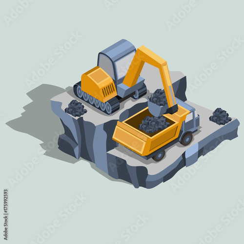 Mining excavator loads coal in a dump truck, mining equipment, quarry industrial machines and factory isometric projection isolated vector illustration