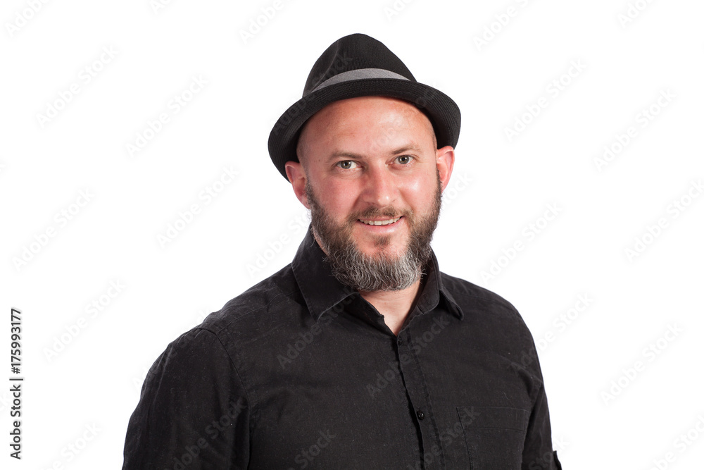 Portrait of bearded man with hat, smiling, isolated on white Portrait of bearded man with hat, smiling, isolated on white