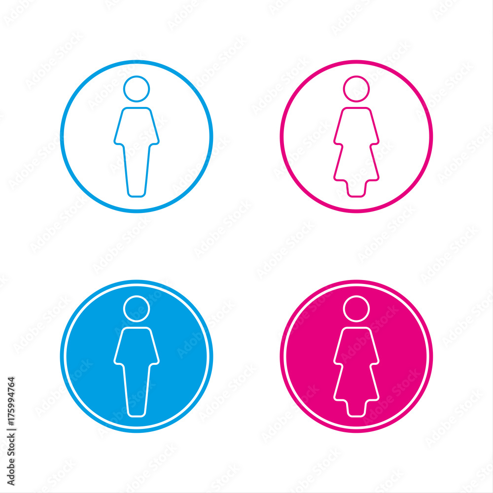 Blue and pink round wc symbols, man and woman icon, restroom vector illustration isolated on a white background Blue and pink round wc symbols, man and woman icon, restroom vector illustration isolated on a white background