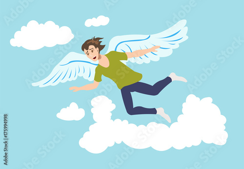 Vettoriale Stock Young man flying with the wings in the sky like a bird.  Freedom, relaxation, mindfulness concept illustration vector. | Adobe Stock