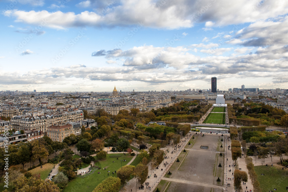 A spectacular view from Eiffel tower of Champ de Mars and city skylinein November 2016  in Paris, France.