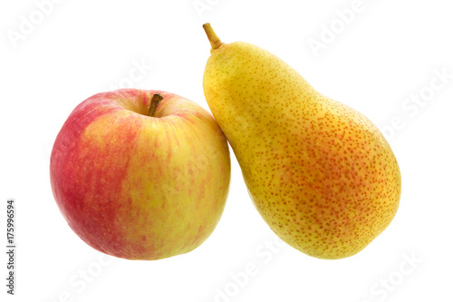 pears and apple isolated on white. ripe fruit.
