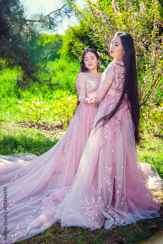 Two beautiful young brunette girls in long pink dresses, in a park, on a background of flowering trees