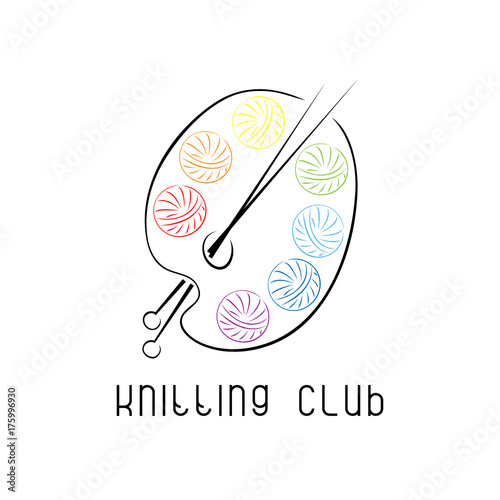 Emblem with yarn and knitting needles. Logo for knitting club, yarn store, handmade artist.
