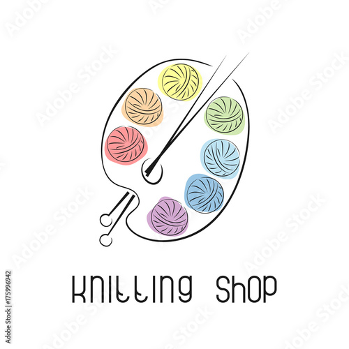 Emblem with yarn and knitting needles. Logo for knitting club, yarn store, handmade artist.