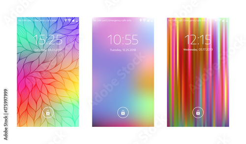 Three mobile wallpapers. Abstract blurry background. Mobile interface. Vector illustration.