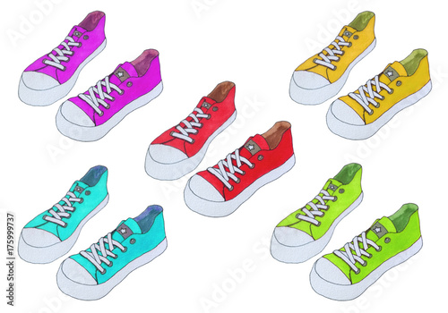 Various sneakers. Colorful seamless pattern. Hand drawn fashion set.