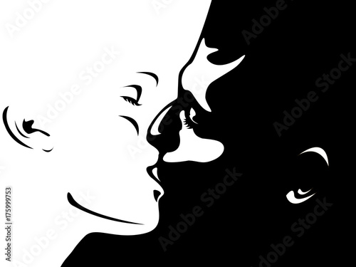 Silhouette close-up portrait of beautiful woman and man kissing. Kissing couple  Valentine Day  Kiss  love and relationship concept illustration vector.