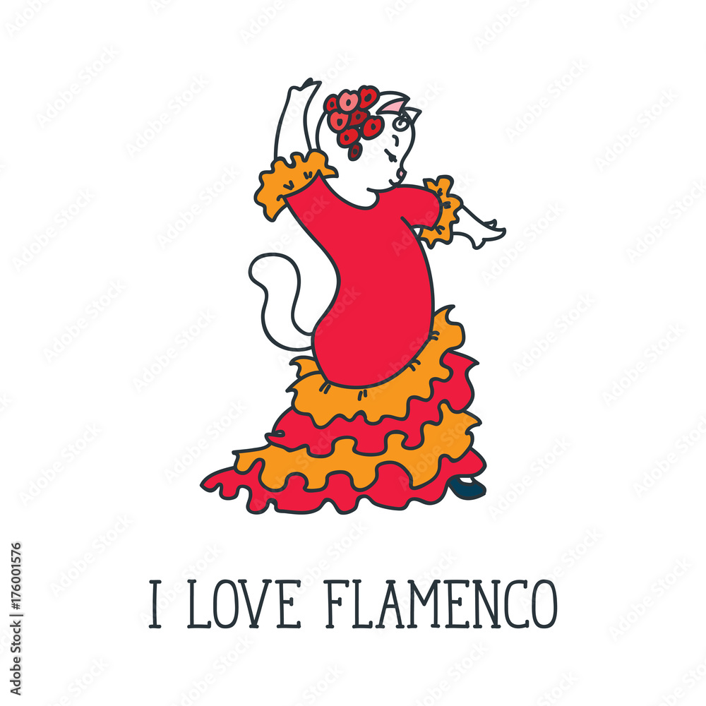 I Love Flamenco. Doodle vector illustration of flamenco dancing cute cat. I Love Flamenco. Doodle vector illustration of flamenco dancing cute cat.