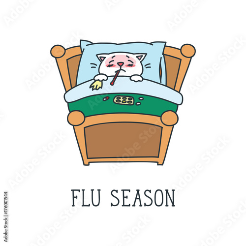 Flu season. Doodle vector illustration of sick white cat lying in bed with a thermometer in mouth