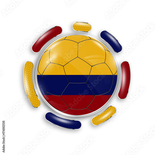 Soccer ball with the national flag of Colombia. Modern emblem of soccer team. Realistic vector illustration.