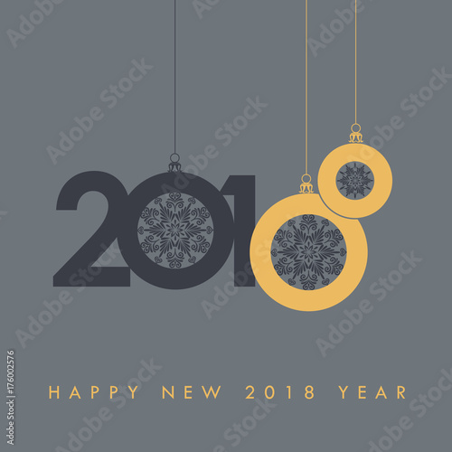 Happy new 2018 year. Holidays seasons greetings. Elegant gray and gold design with Christmas ornaments and snowflakes.