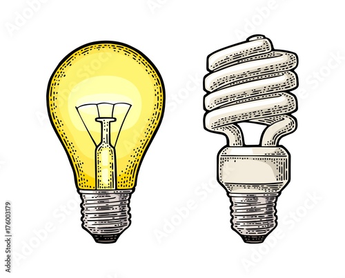 Energy saving spiral lamp and glowing light incandescent bulb. Engraving