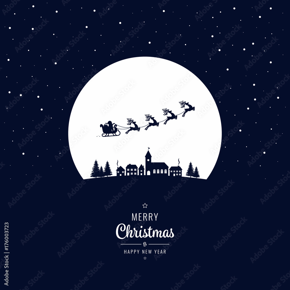 Santa sleigh flying into the winter village christmas night