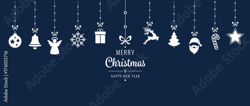 christmas ornament elements hanging blue background