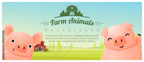 Farm animal and Rural landscape background with pigs , vector , illustration