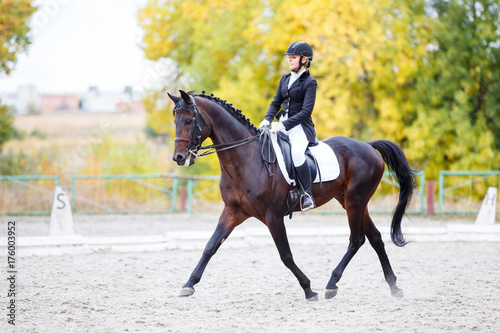 Young rider woman on bay horse performing advanced test on dressage competition. Equestrian event background with copy space