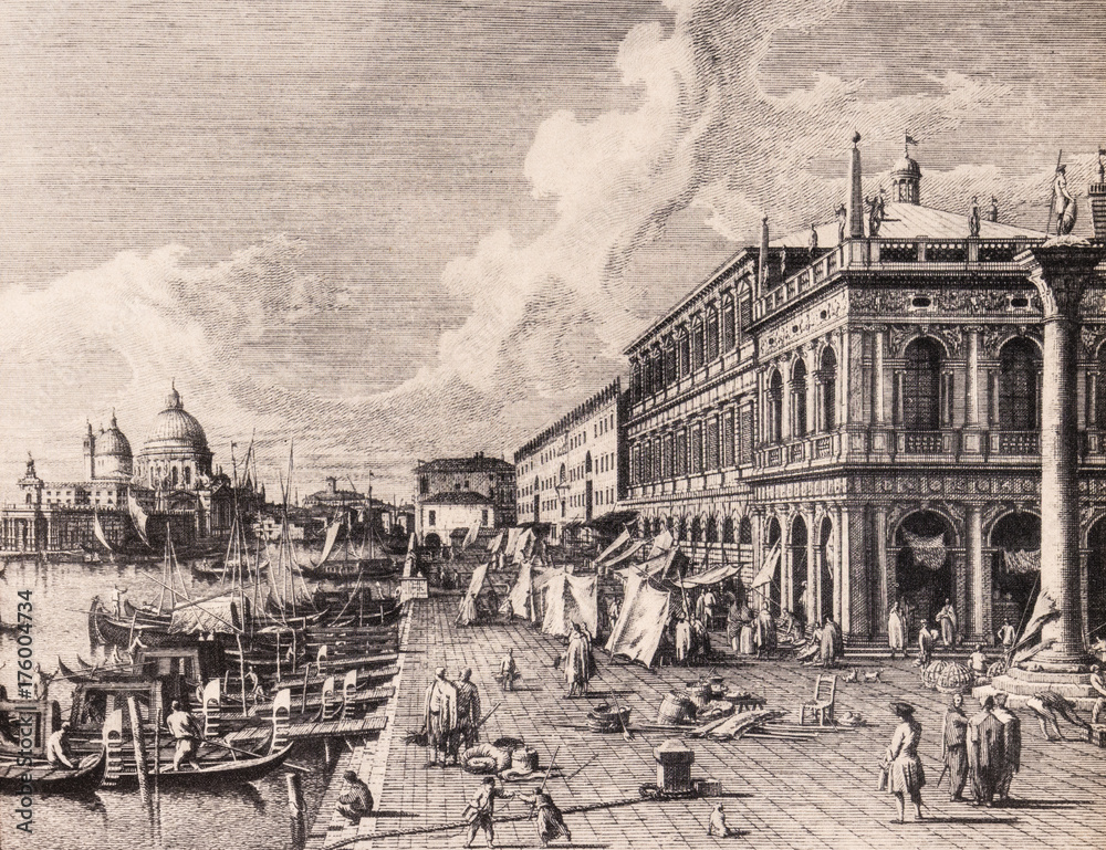 Venice, Italy: Panorama with the Riva degli Schiavoni. 18th century print.